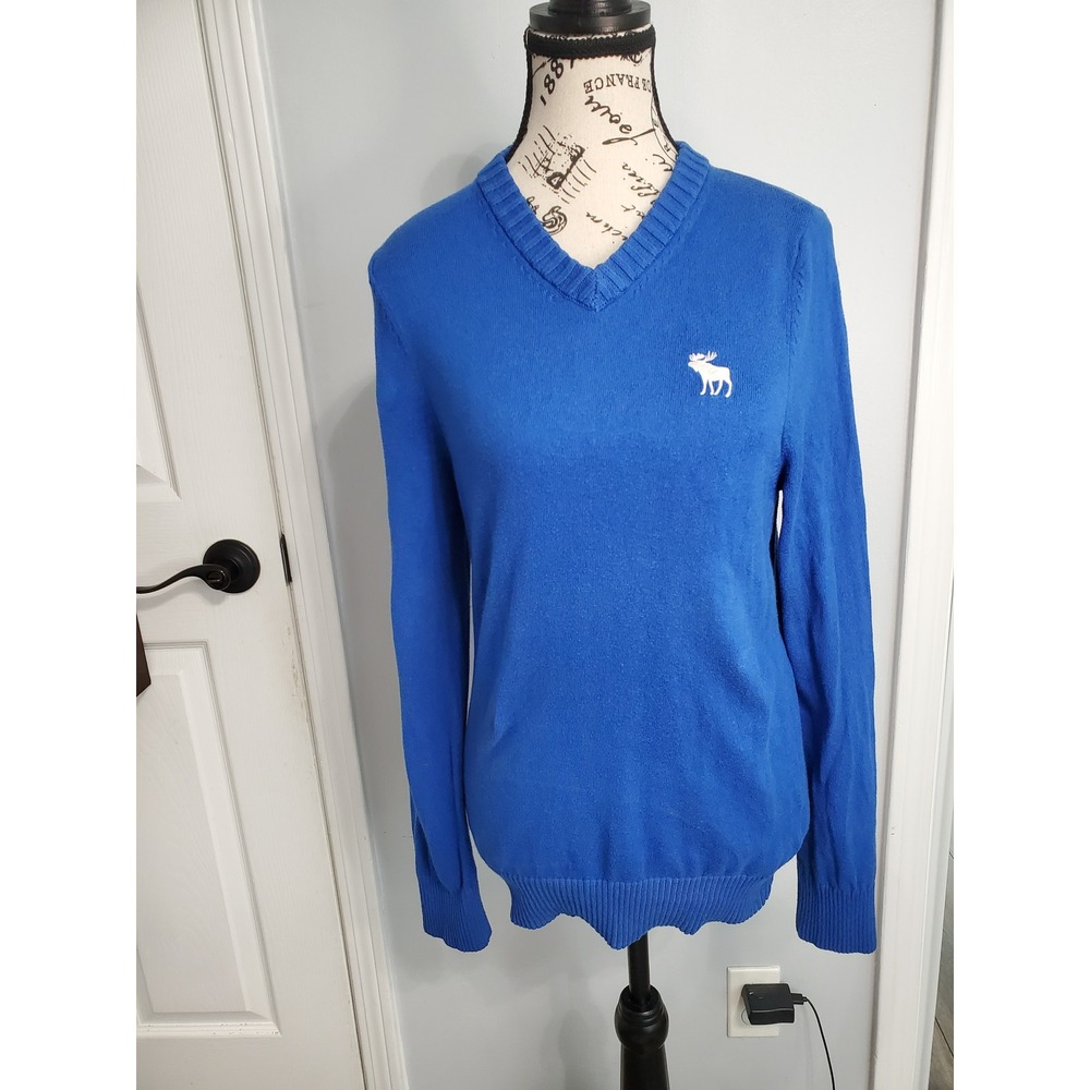 Abercrombie & Fitch Mens Blue V-Neck Muscle Fit Moose Logo Sweater Medium